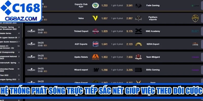 Hệ thống phát sóng trực tiếp sắc nét giúp việc theo dõi cược CSGO C168 
